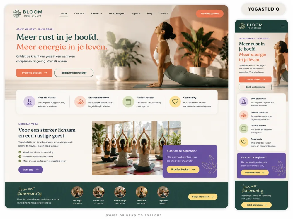 Website voorbeeld — Yogastudio: Meer proeflessen geboekt